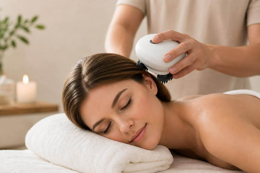 Masseur de Tête Électrique Rechargeable — 4 Têtes Rotatives, Massage du Cuir Chevelu - Beautybienetre.